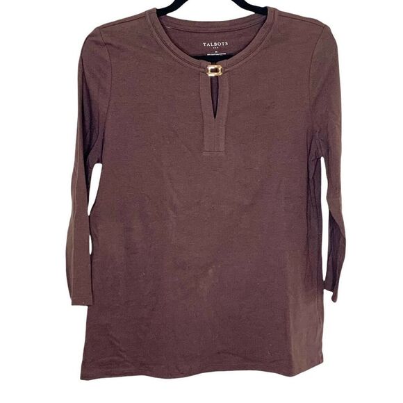 Talbots Women’s Long Sleeve Brown Shirt with Keyhole Gold Metal Size M - Picture 1 of 5